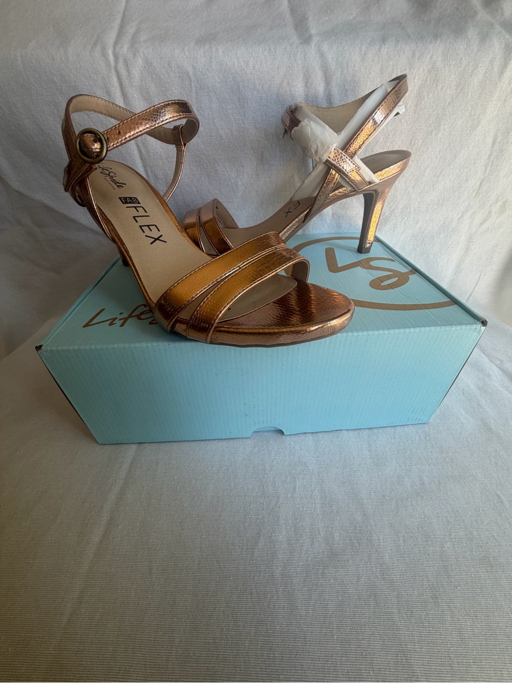 Life Stride Metallic Rose Gold Strappy Heel Sandals